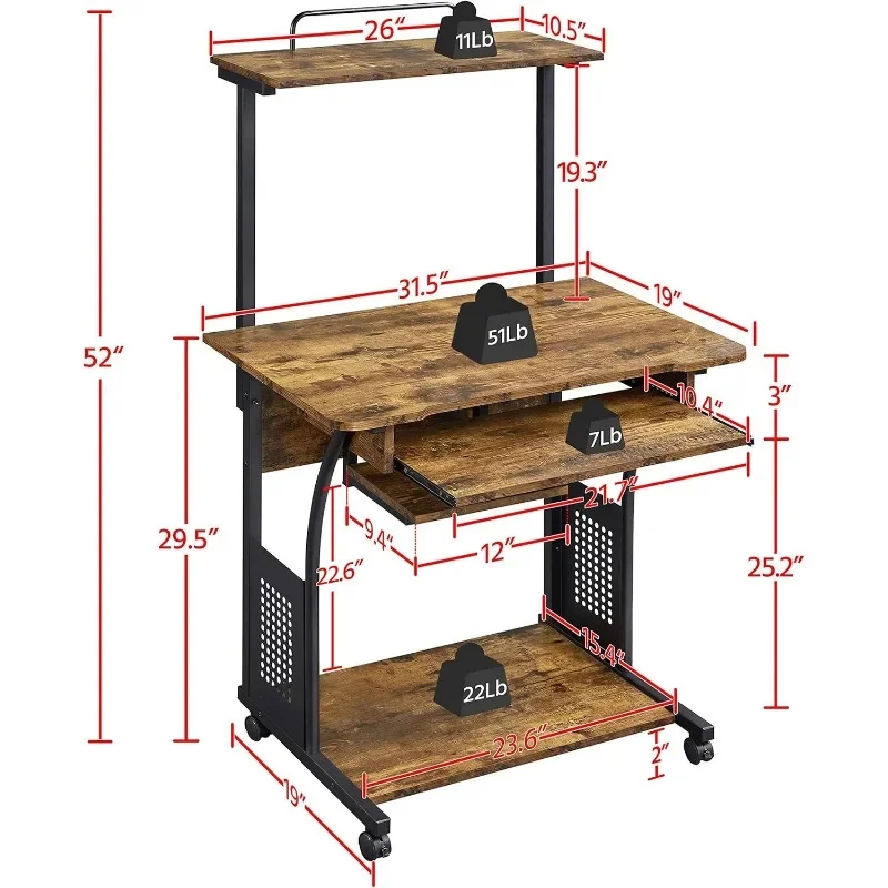 3 Tiers Rolling Computer Desk with Keyboard Tray and Printer Shelf for Home Office, Mobile Computer Desk for Small Space, Retro