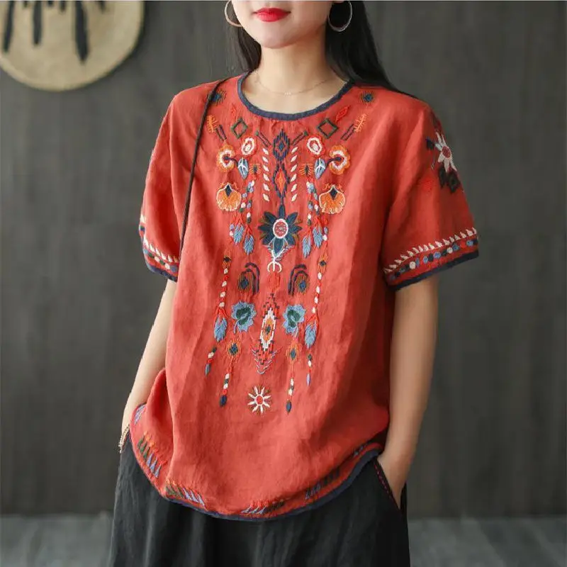 Vintage Ethnic Style Embroidery Cotton Linen Top Blouse Women Vacation Summer Casual Loose Short Sleeve All Match Shirts Blusas