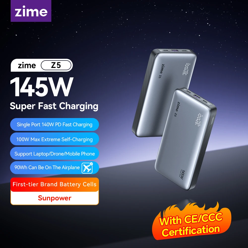 

zime Z5 145W PowerBank 25000mAh PD Fast Charging High-wattage Portable Charger For Laptops And Phones With External Battery