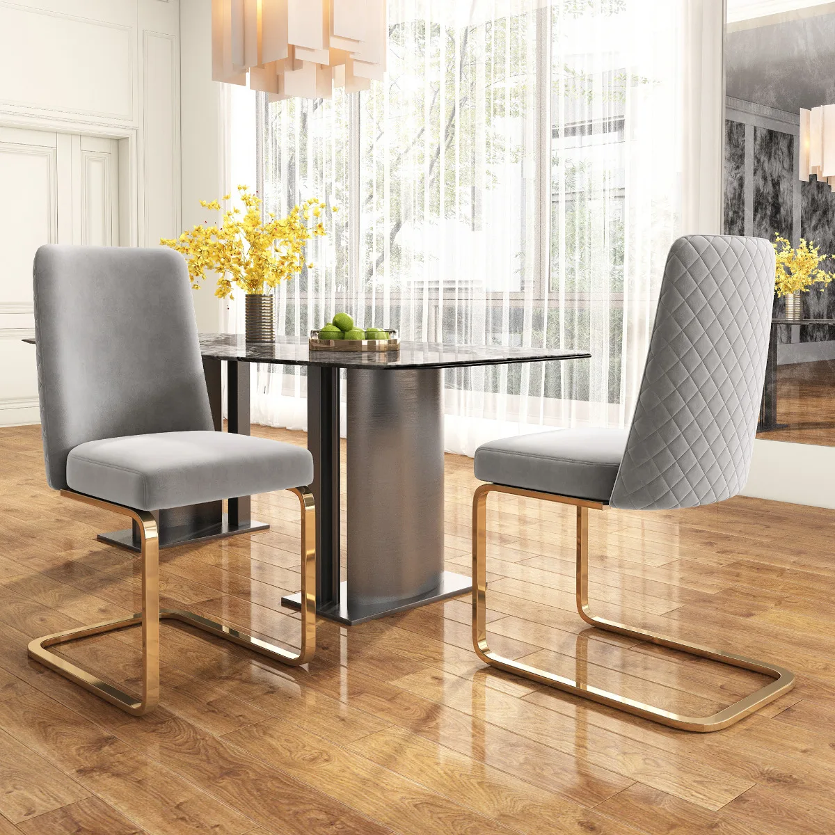 Ensemble de 2 chaises de salle à manger en velours gris, dossier capitonné en forme de losange, pieds en métal doré, chaises d'appoint de luxe pour salon et chambre à coucher