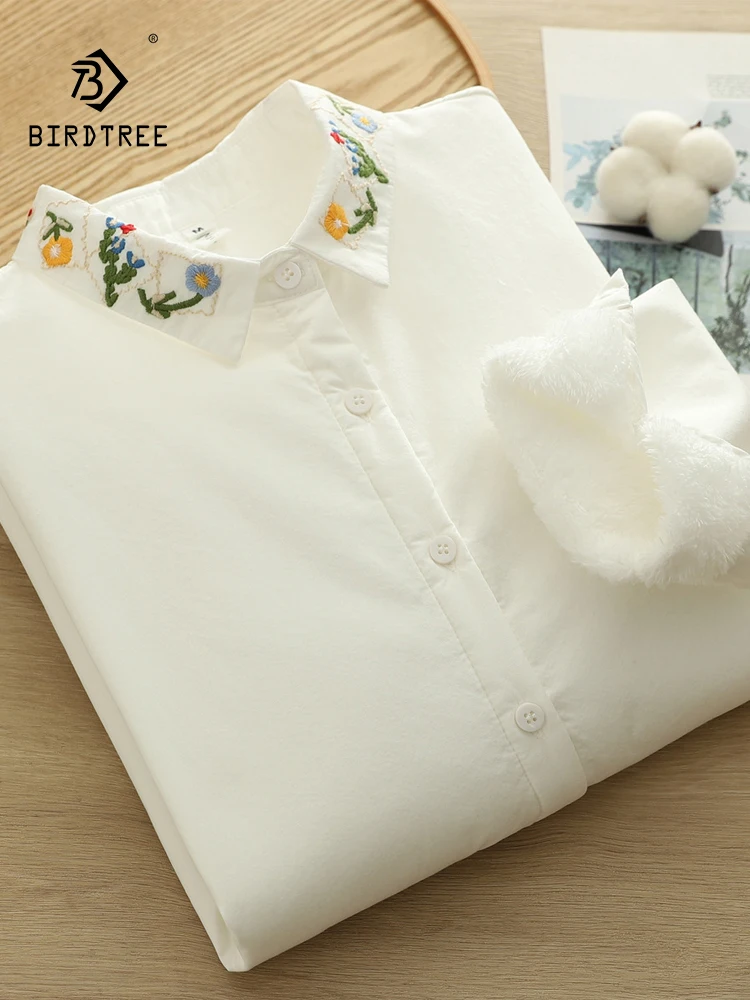 

Новинка 2025, осенняя хлопковая флисовая рубашка с длинными рукавами, женская отложной воротник с вышивкой, теплая повседневная свободная блузка Mori Girl T5O821CC