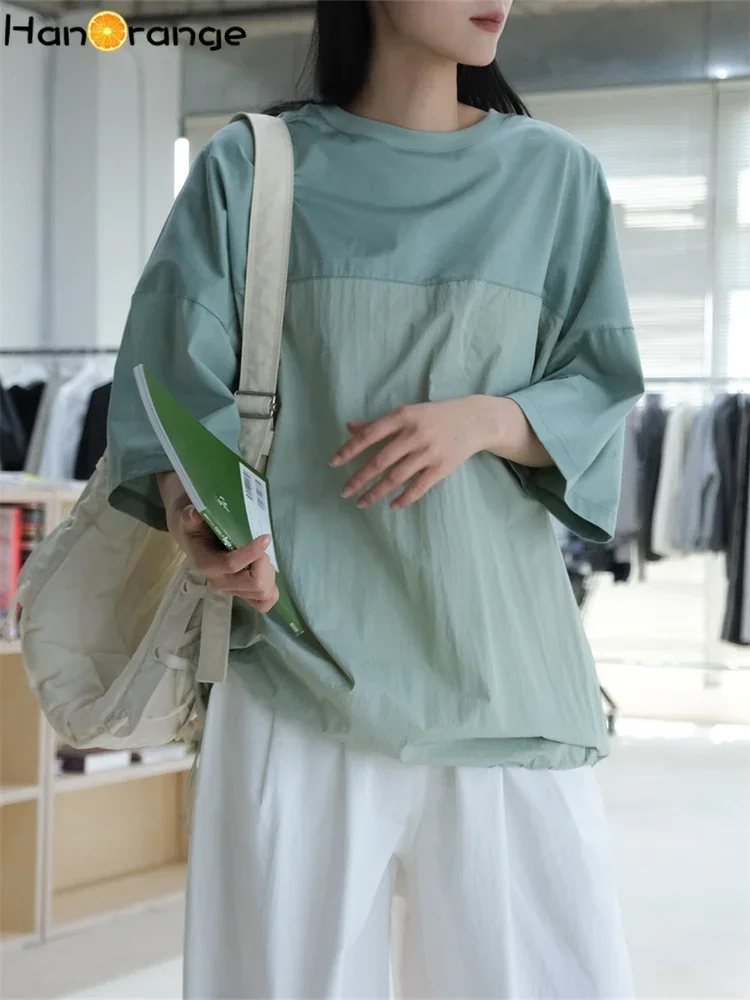 HanOrange 2026 Summer Lazy Nylon Splice T-shirt Women Loose Silhouette Lightweight Comfortable Loose Casual Tees White/Green