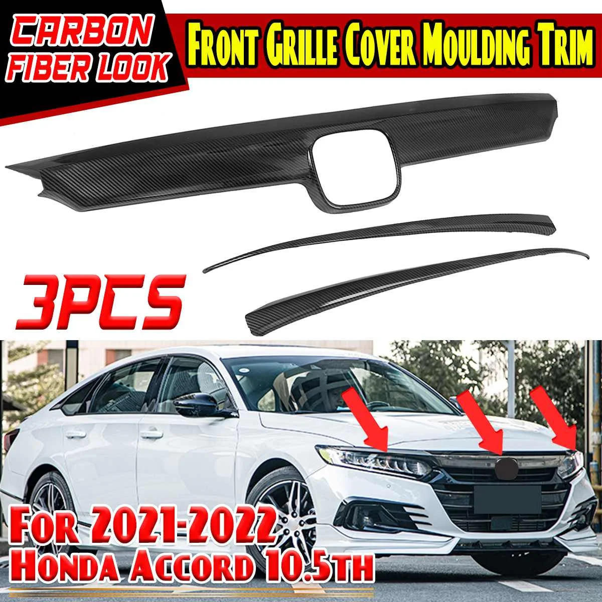 New 3x Car Front Grille Grill Cover Trim Bumper Hood Bonnet Grille Cover For Honda For Accord 10.5th 2021 2022 Racing Grill Trim