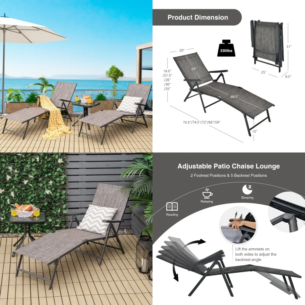 Beach ChairsFoldable Outdoor Chaise Lounge Chair Set Reclining Portable Beach Grey