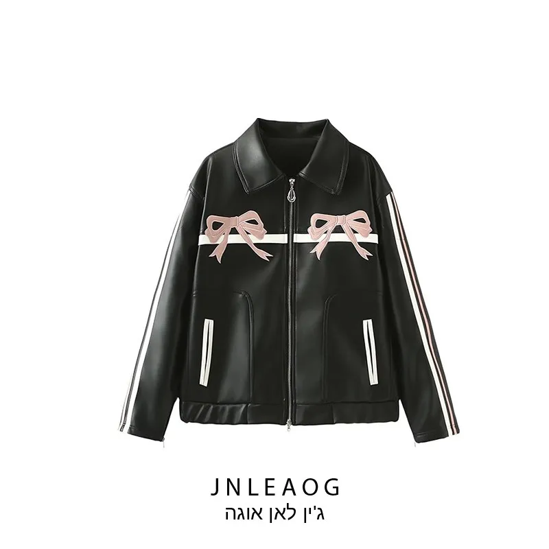 

JNLEAOG Осенняя Новая Повседневная Стильная Черная Кожаная Куртка Женская Верхняя Одежда с Узлом, Модная Уличная Мода, Длинный Рукав