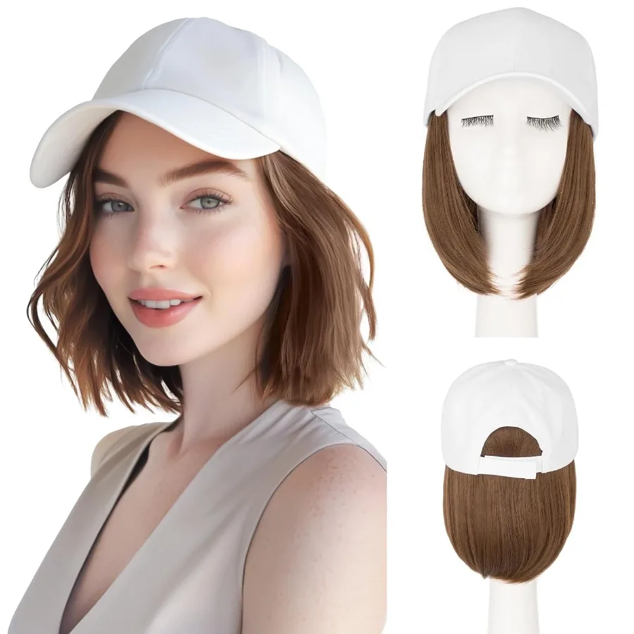 قبعة بيسبول صناعية مقاومة للحرارة مع وصلات شعر قصيرة مستقيمة قابلة للتعديل مقاس 6 بوصات للنساء قطعة شعر بيضاء بديلة