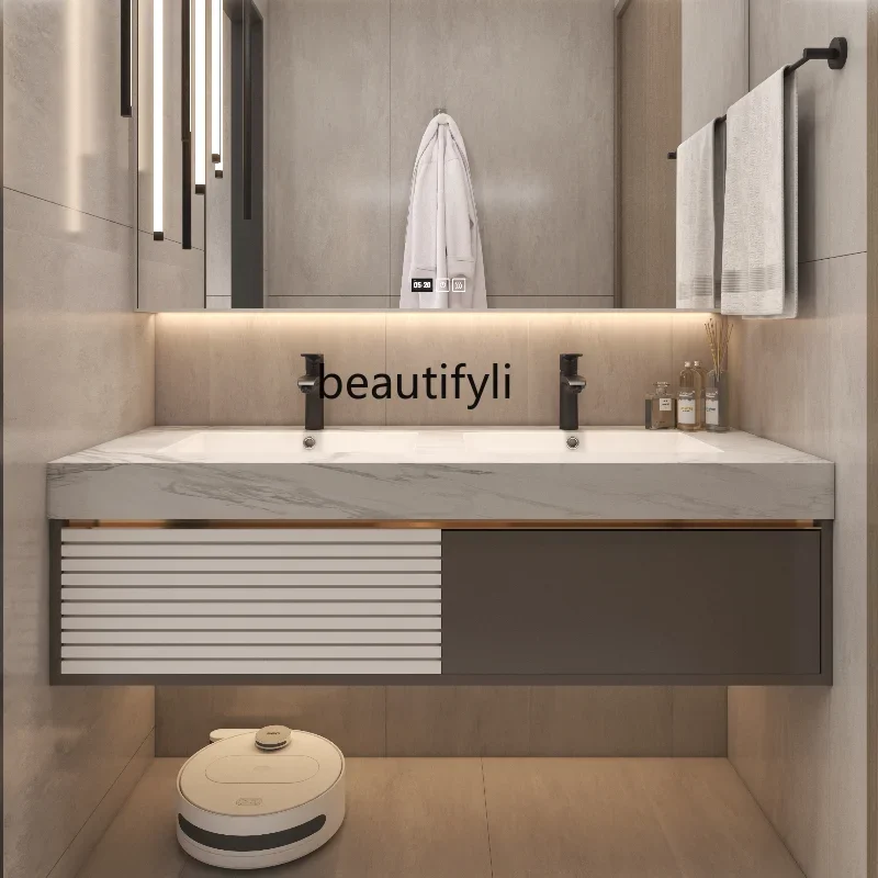 

Stone Plate Seamless Whole Washbin Oak Bathroom Cabinet Combination Modern Light Luxury Washstand Wash Basin Double Basin