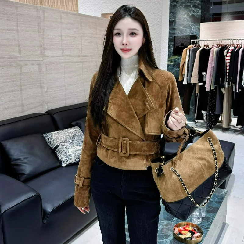 Veste en velours et peau de cerf pour femme, style rétro américain, Design décontracté, polyvalent, amincissant, haut d'extérieur, automne/hiver 2026