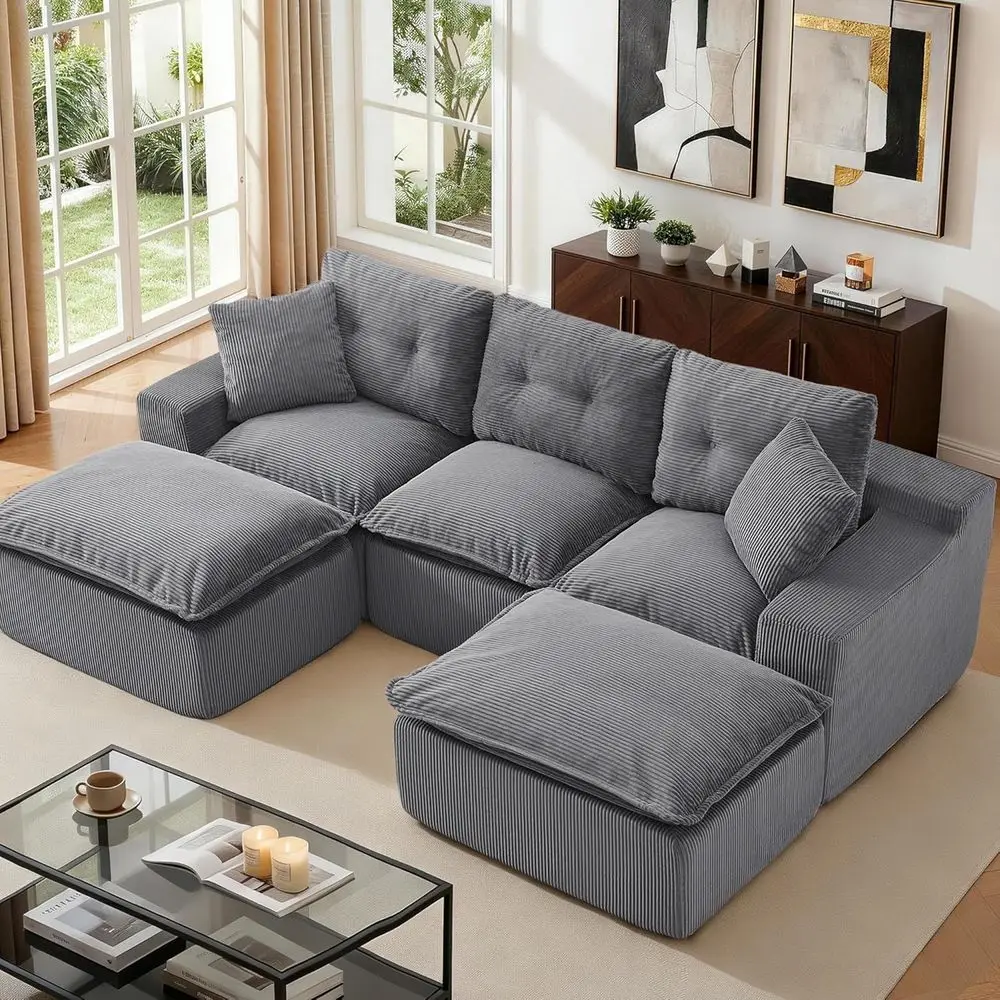 

U-Shaped Cloud Sectional Sleeper Sofa with 2 Ottomans, Deep Seating, Corduroy, Dark Grey, No Assembly Needed