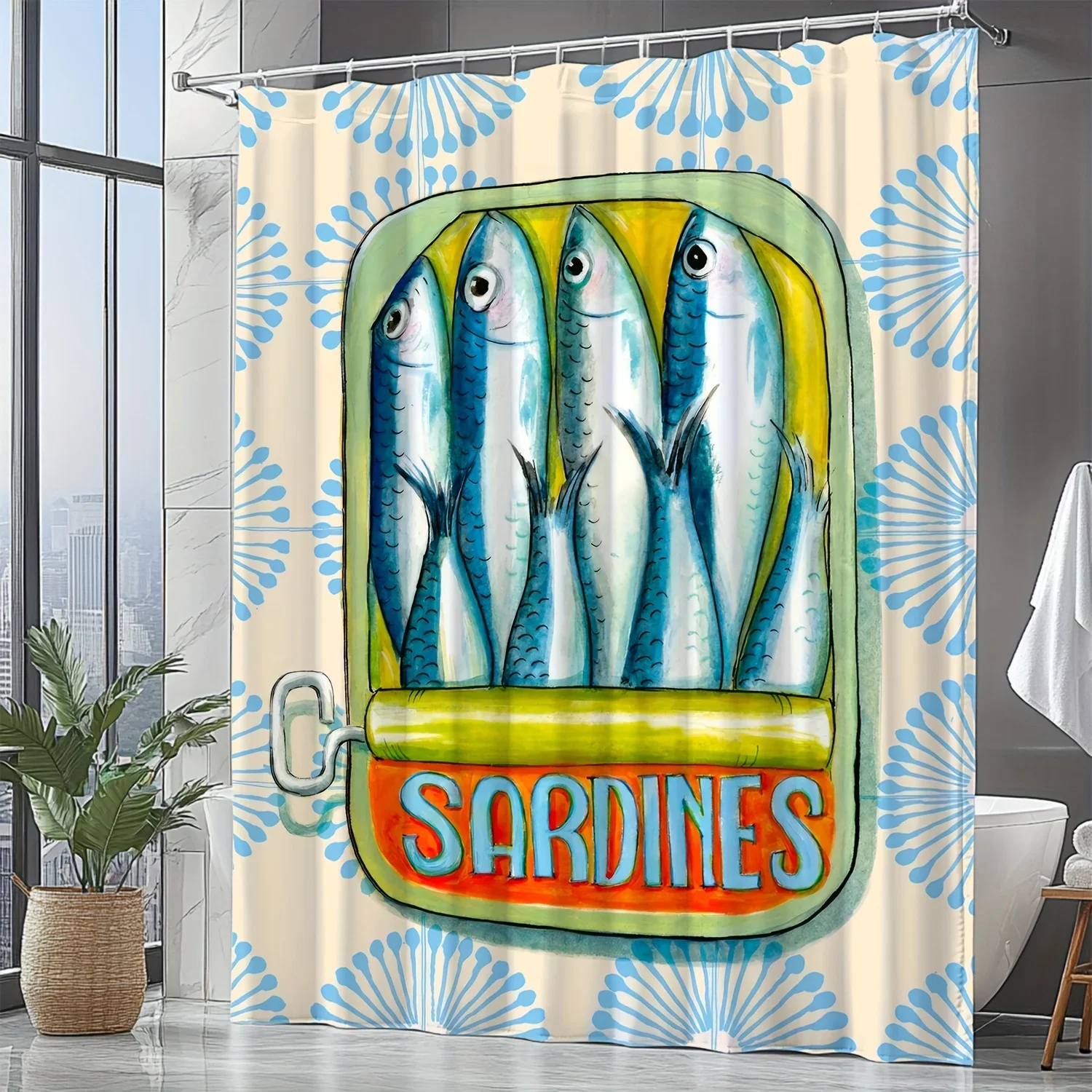 VIKAMA Watercolor Sardine Can Shower Curtain Retro American Print Waterproof & Mildew-Proof Quirky Bathroom Partition Curtain