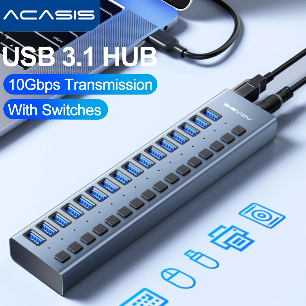 acasis aluminio powered hub usb 10gbps usb 31 16 portas splitter hub para pc laptop macbook pro steam deck transferencia de dados carregamento 01