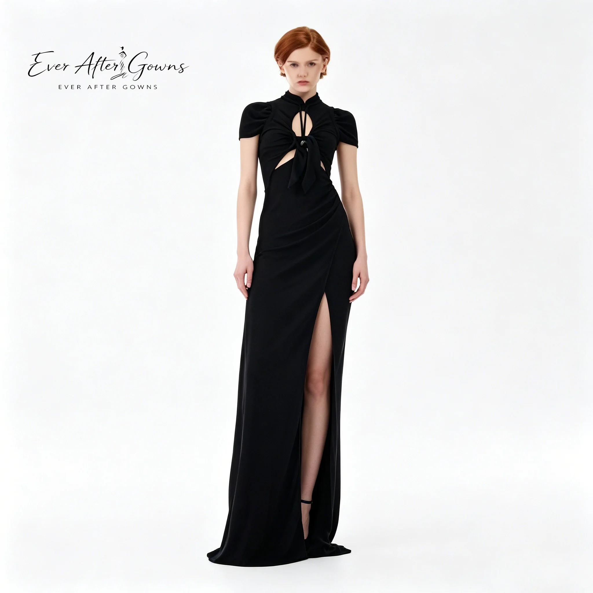 Vestido largo negro de cuello alto para mujer Ever After Gowns - Manga corta con abertura tipo llave y detalle de nudo, vestido de noche formal con abertura alta