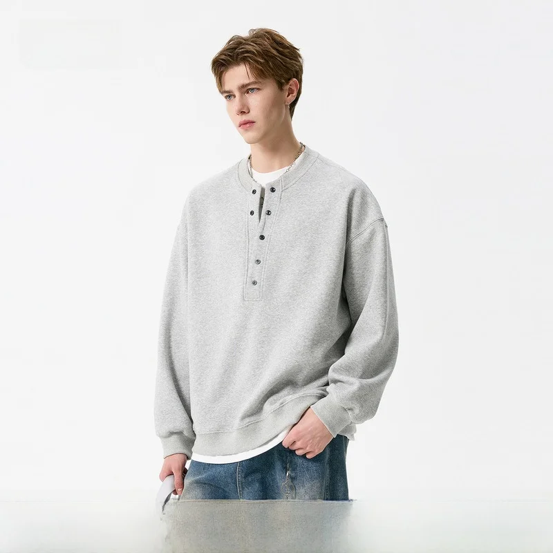 

Мужской свитшот Heavyweight Autumn Henry с эффектом двухслойности, модный брендовый, на пуговицах, однотонный, простой, с длинными рукавами, верхняя одежда