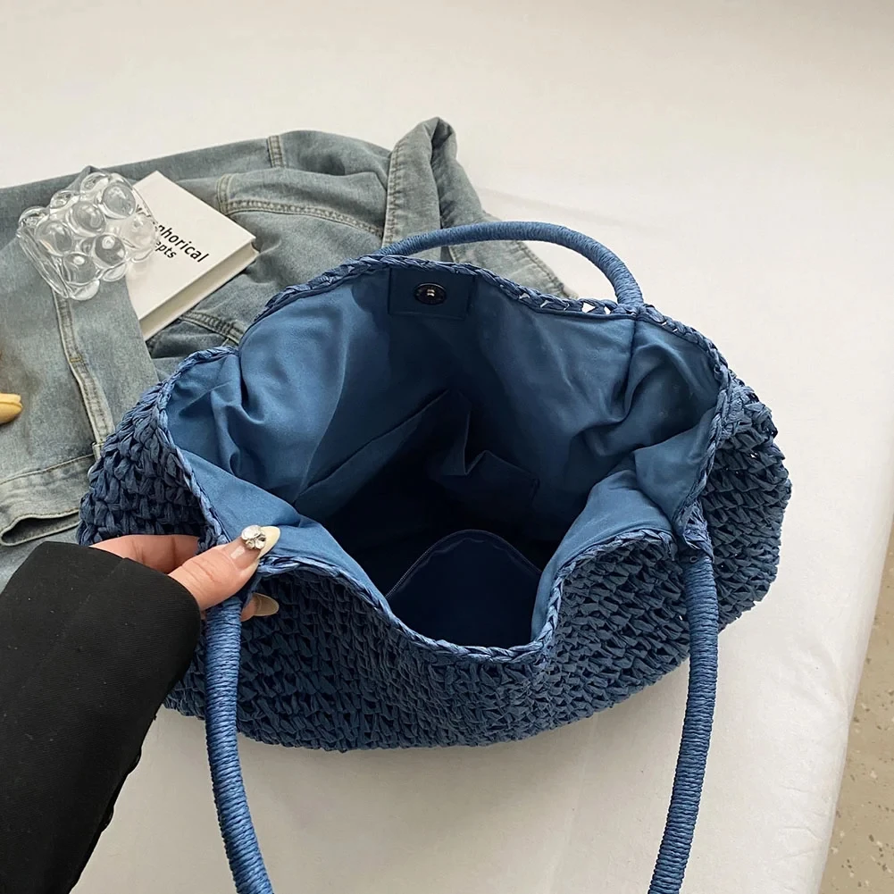 المرأة خمر حقيبة كتف سعة كبيرة الكروشيه حقيبة يد الشاطئ غلق بمشبك إغلاق بسيط النسيج حقيبة يد السيدات عطلة حقيبة #4