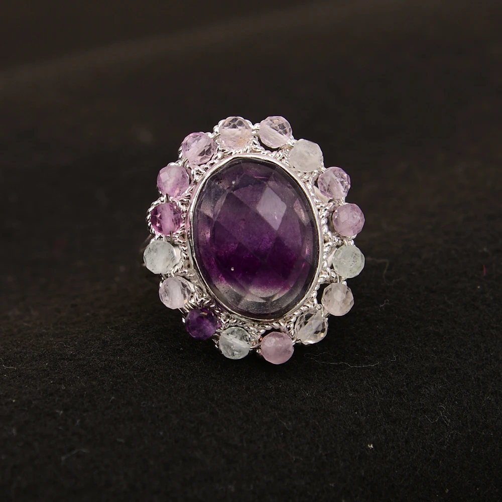 GG Natural Purple Fluorite Stone Silver Color Plated Metal Rings Adjustable For Women