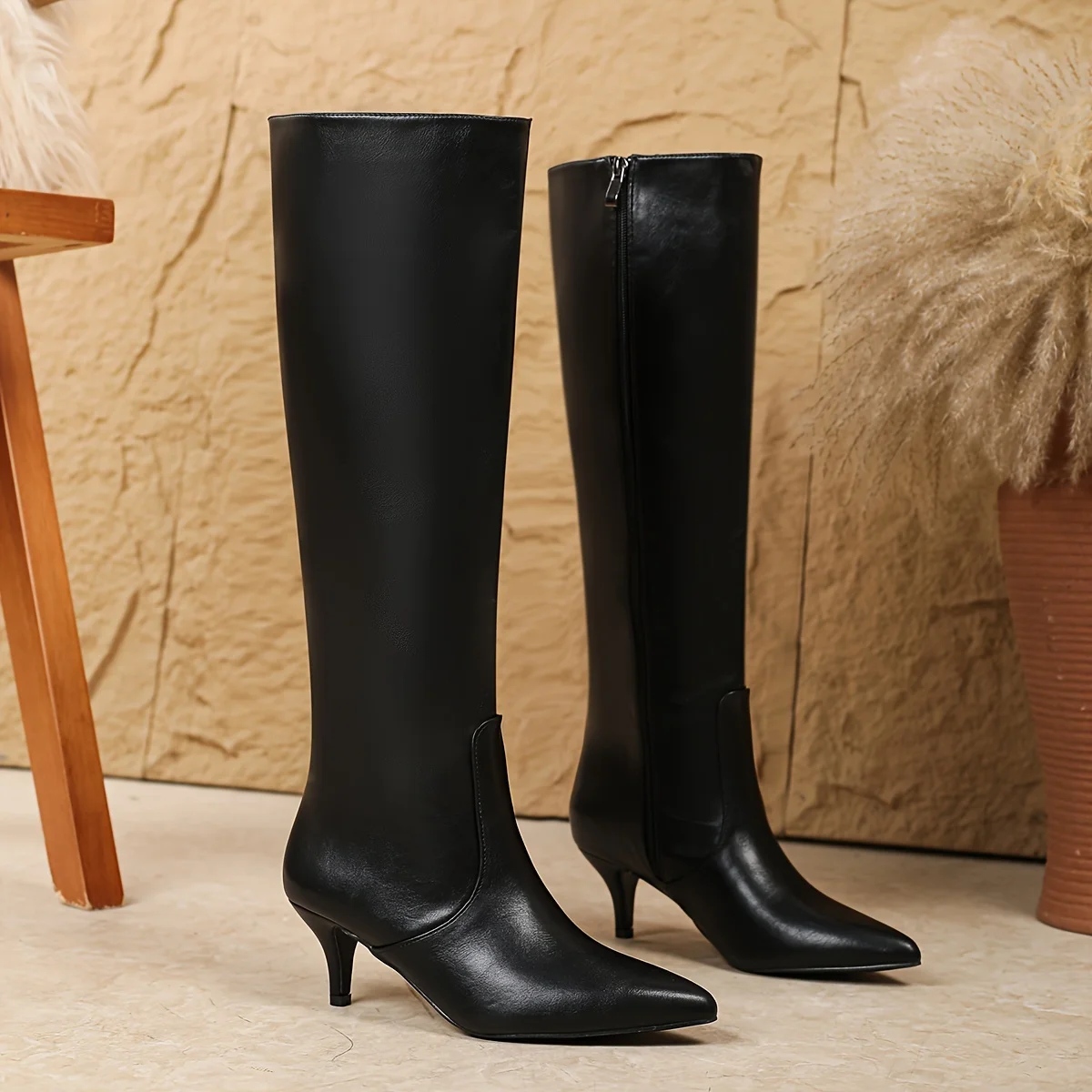 Women's Pointed Toe Knee-High Boots, Sexy Kitten Heel with Side Zipper, Stylish Winter Fashion