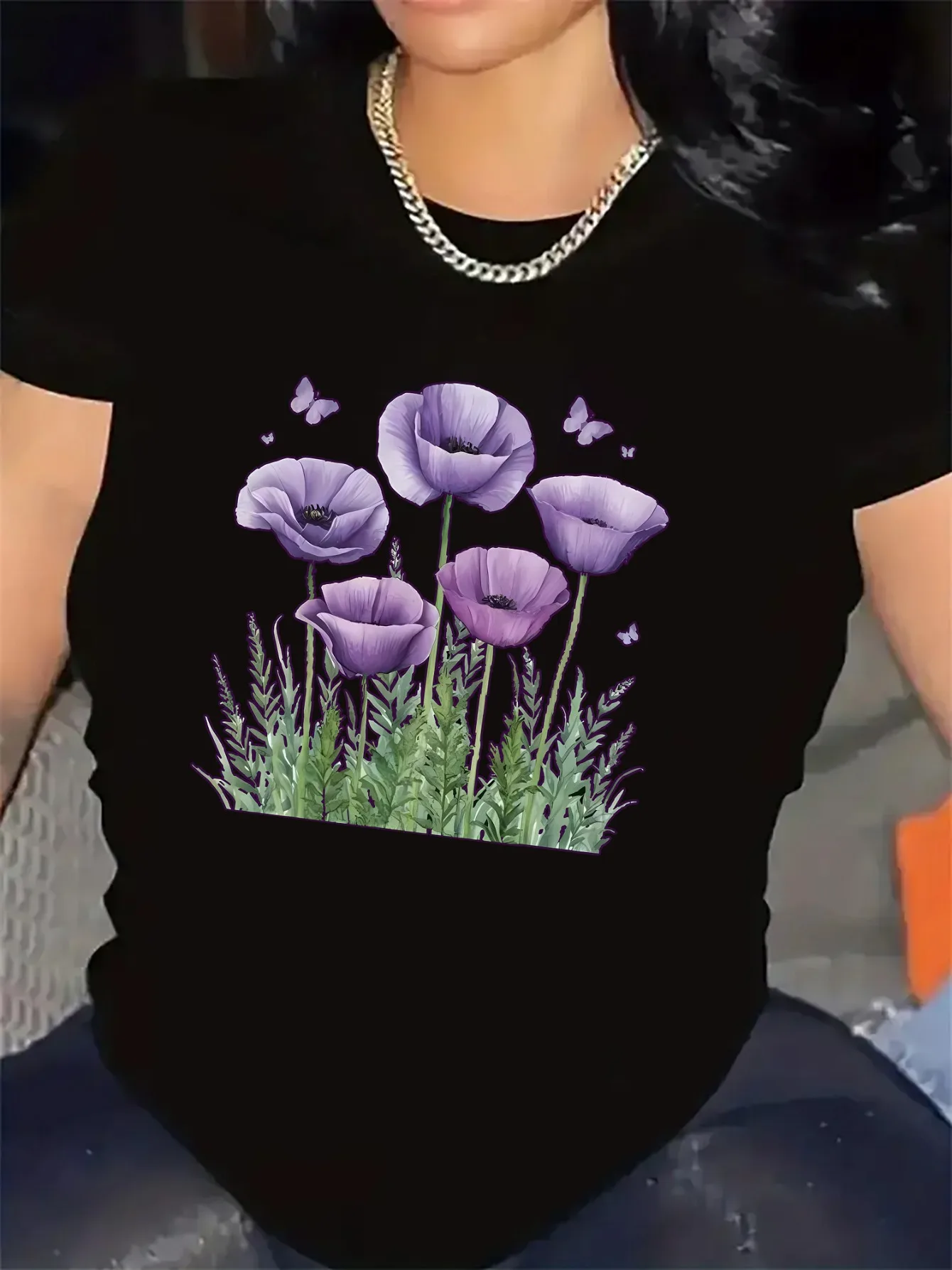 Short Sleeve T-Shirt with Purple Poppy Flower Design Fabric Perfect for Casual Wear At Home or Outdoors Aesthetic Clothes
