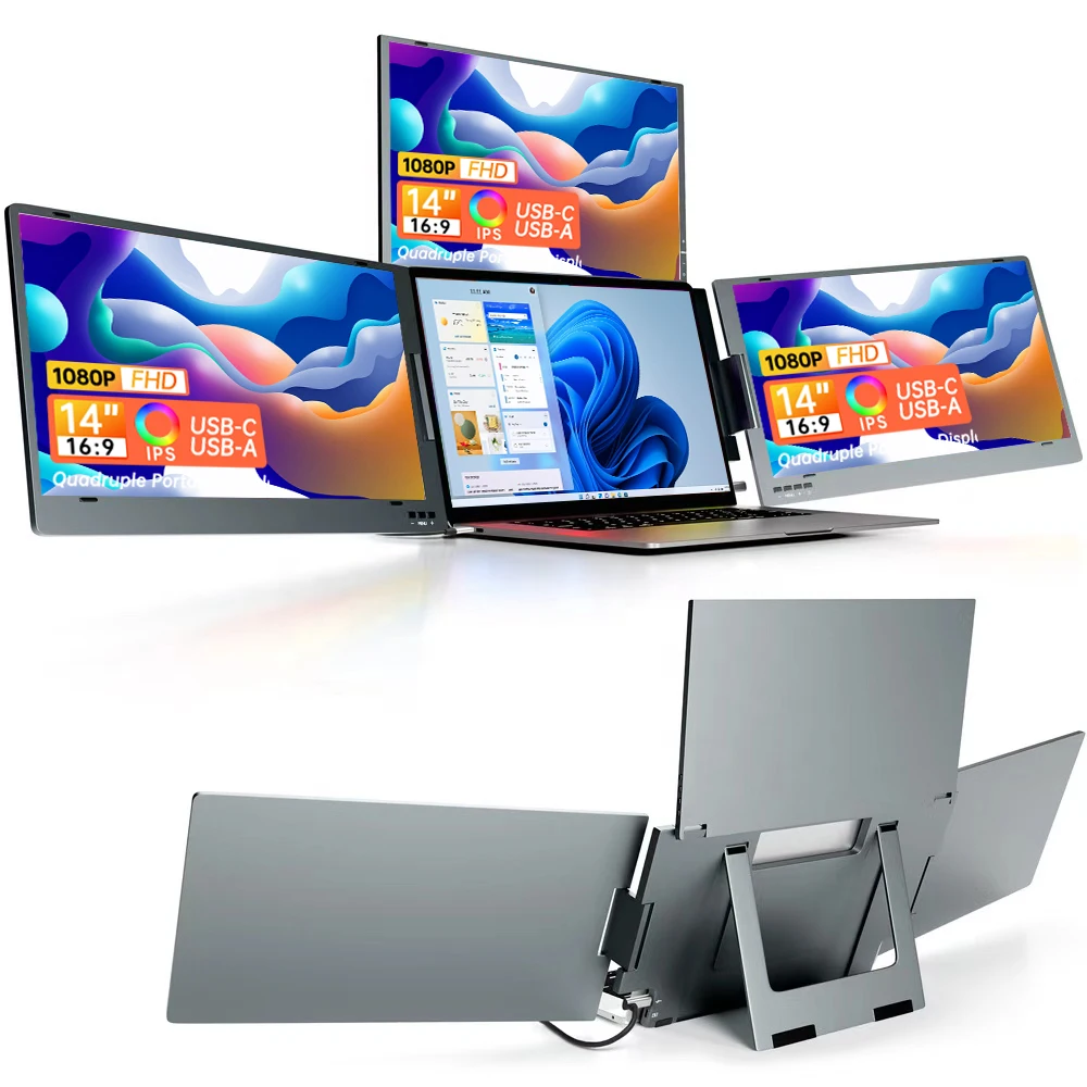 

Eimio 14" FHD TFT Portable Quad Monitor For Gaming With For USB Type-C Interface Foldable Holder Trion Portable Quad Monitor