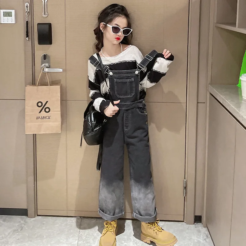 Autumn Suspenders Jeans Bib Pants 2024 Korean Style Children Overalls for Girls Denim Jean Jumpsuit Teenage 4 6 8 10 12 15 Years