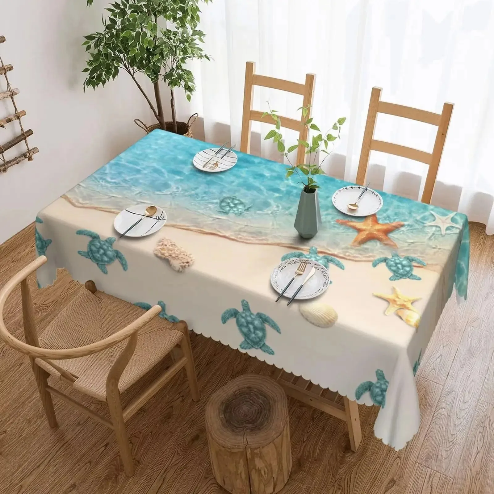 

Tropical Sea Turtle Waterproof Polyester Tablecloth 2D Flat Printed Ocean Style Table Cover For Holiday Party Home Decor