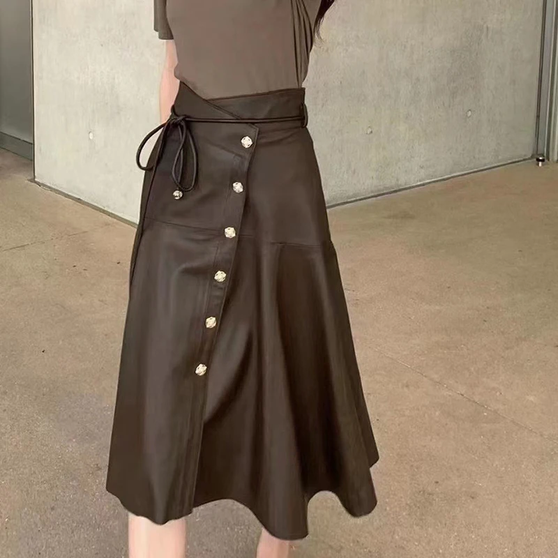 

Leather Skirts Woman Fashion 2024 Single Breasted Asymmetric Waist Umbrella Skirt High Quality Real Sheepskin Jupe Longue Femme