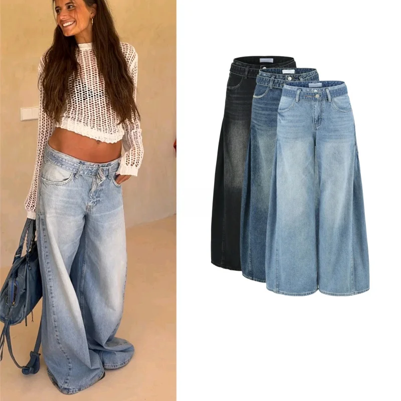 

Summer New Women's Casual Style Metal Button Zipper Waist Belt Wide Leg Floor Length Jeans Loose Fit Natural Waist Polyester ...