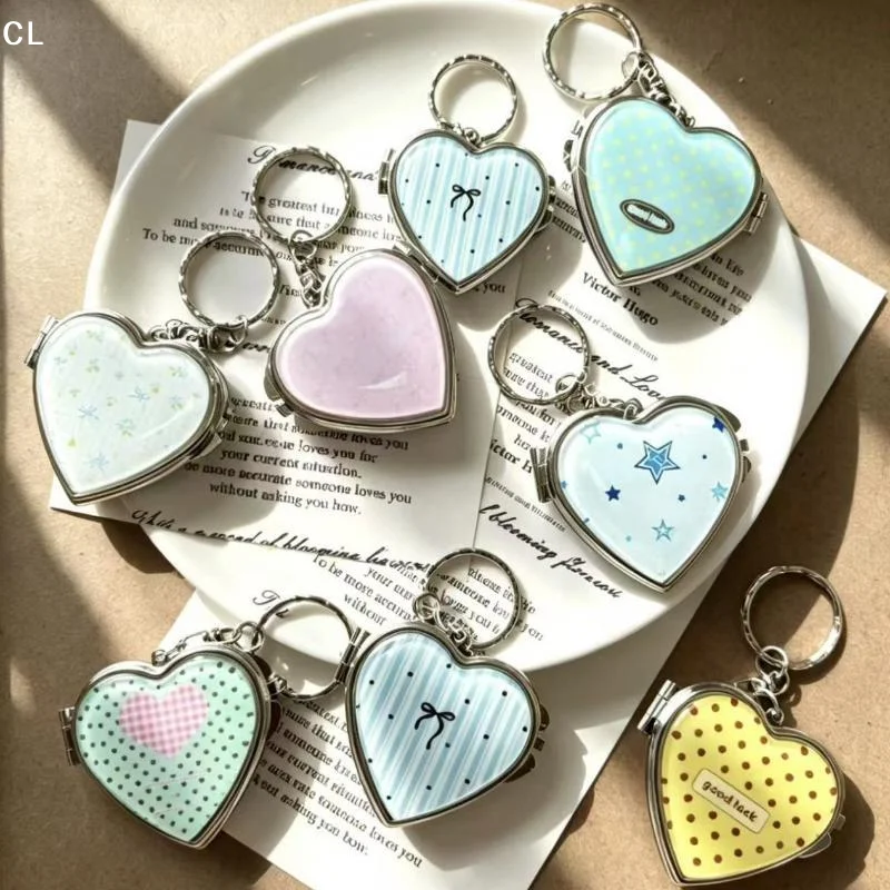 Acrylic Panel Keychain Heart Shaped Alloy Hardware Keychain Pendant Silver Tone Edging Pastel Patterns Key Ring Best Friend Gif