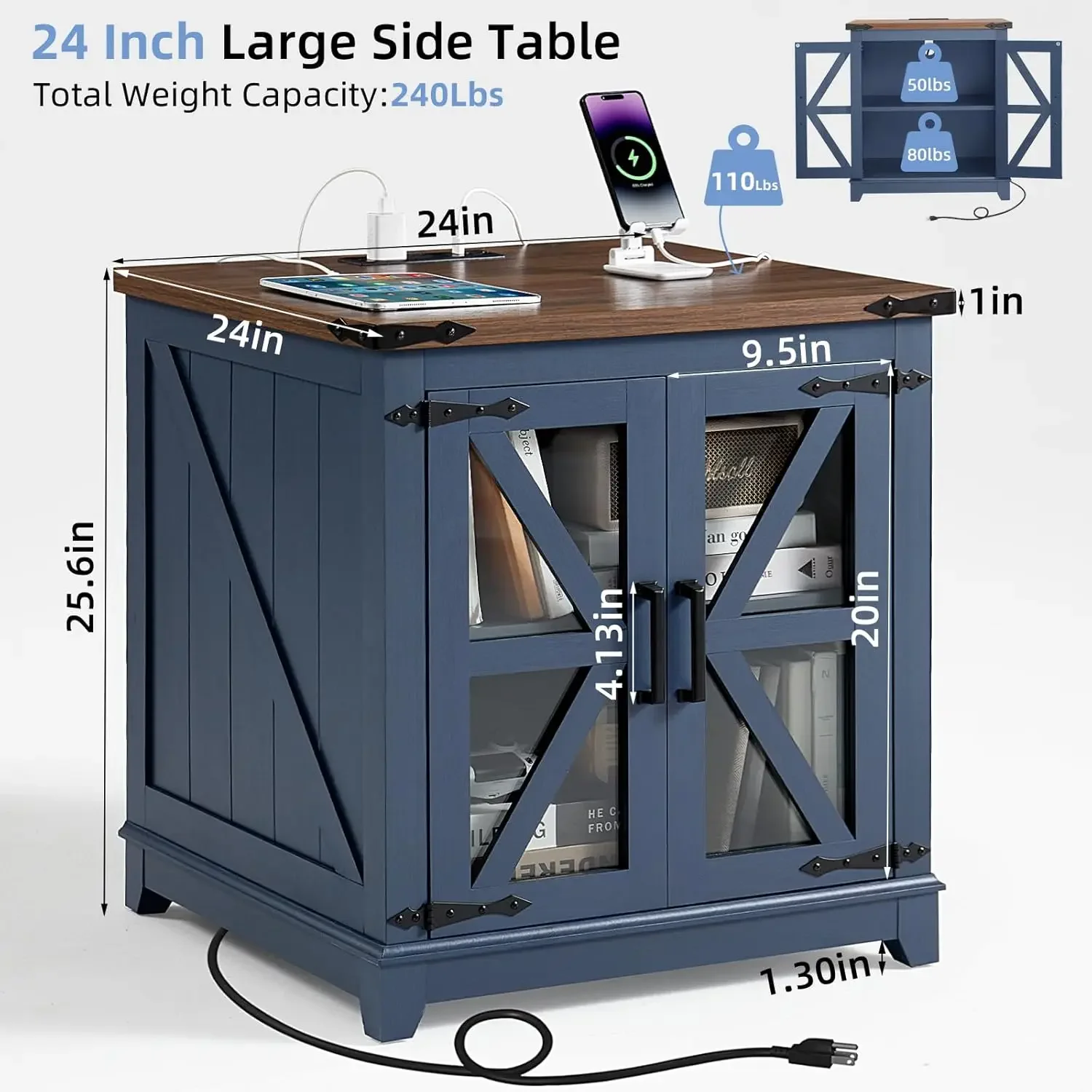 [Цена со скидкой, горячая распродажа! ] Торцевой столик для фермерского дома с зарядной станцией, большой приставной столик для дивана 24 дюйма со стеклянной дверью сарая, Blue Nig