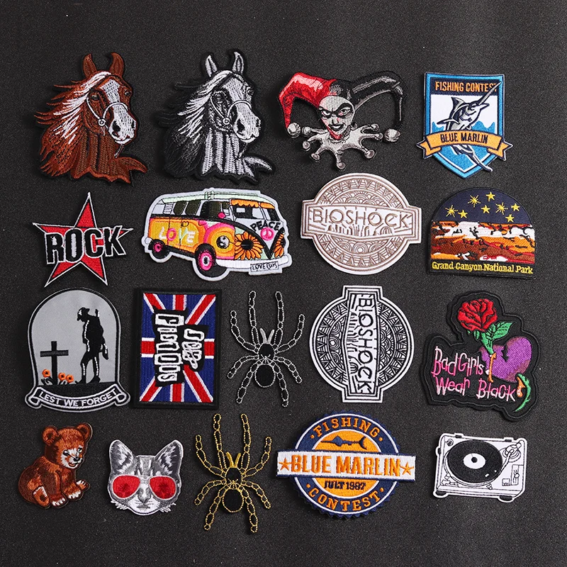 Punk animal style Spider, Horse Head, Little Bear, Little Cat Iron-On Patches Clothe Embroidery Applique Badges