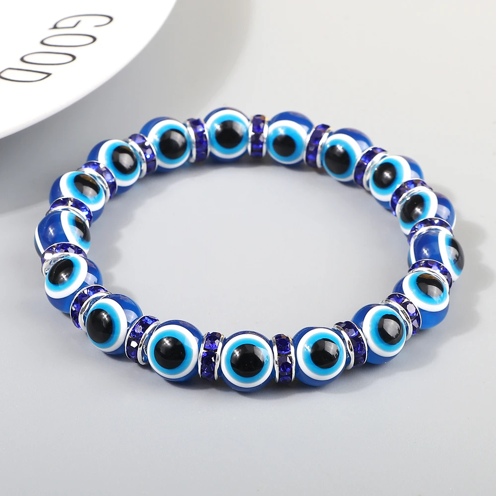 Turkish Blue Evil Eye Bracelets Lucky Wishing Crystal Spacer Resin Beads Bracelet Women Men Handmade Elastic Rope Bangle Jewelry