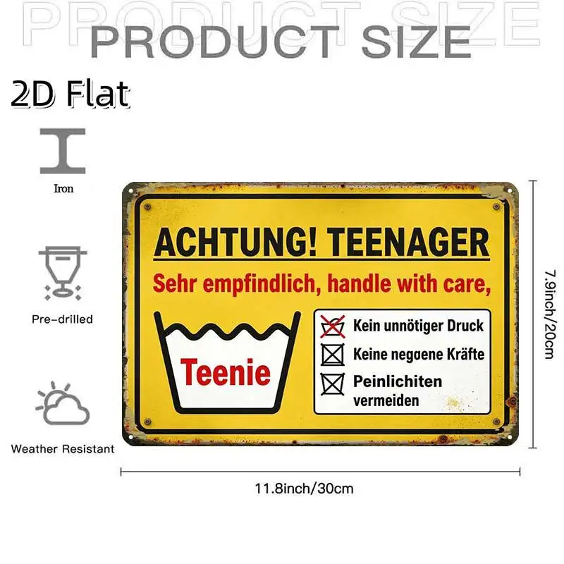 Retro Humor Metal Wall Sign Funny German Teenager Warning, Creative Tin Art for Cafe Man Cave Home Decor