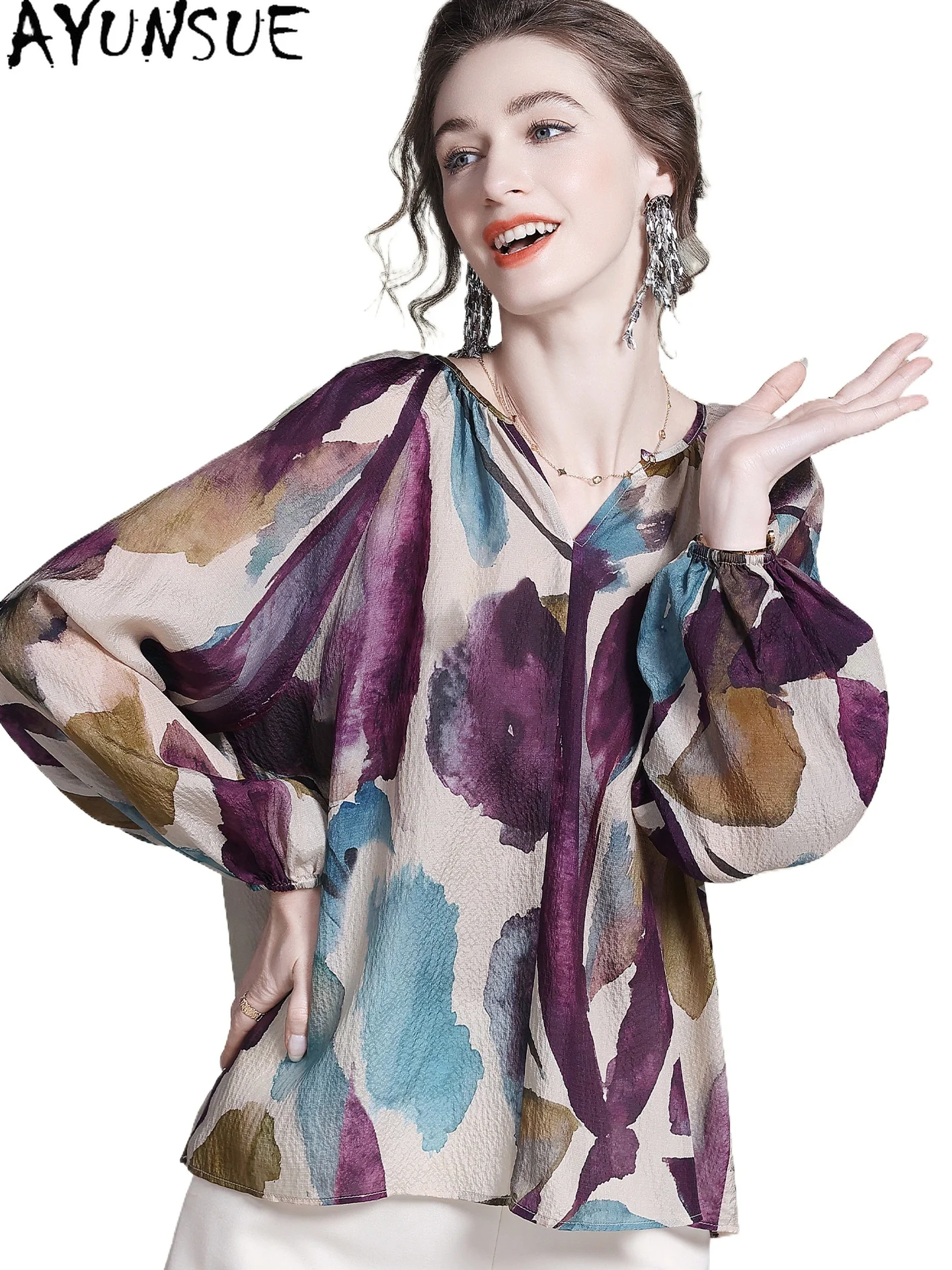 AYUNSUE 100% Real Mulberry Silk Blouse Fashion Womens Tops Elegant Blouses for Women 2026 Summer Clothes T-shirt Рубашка Женская