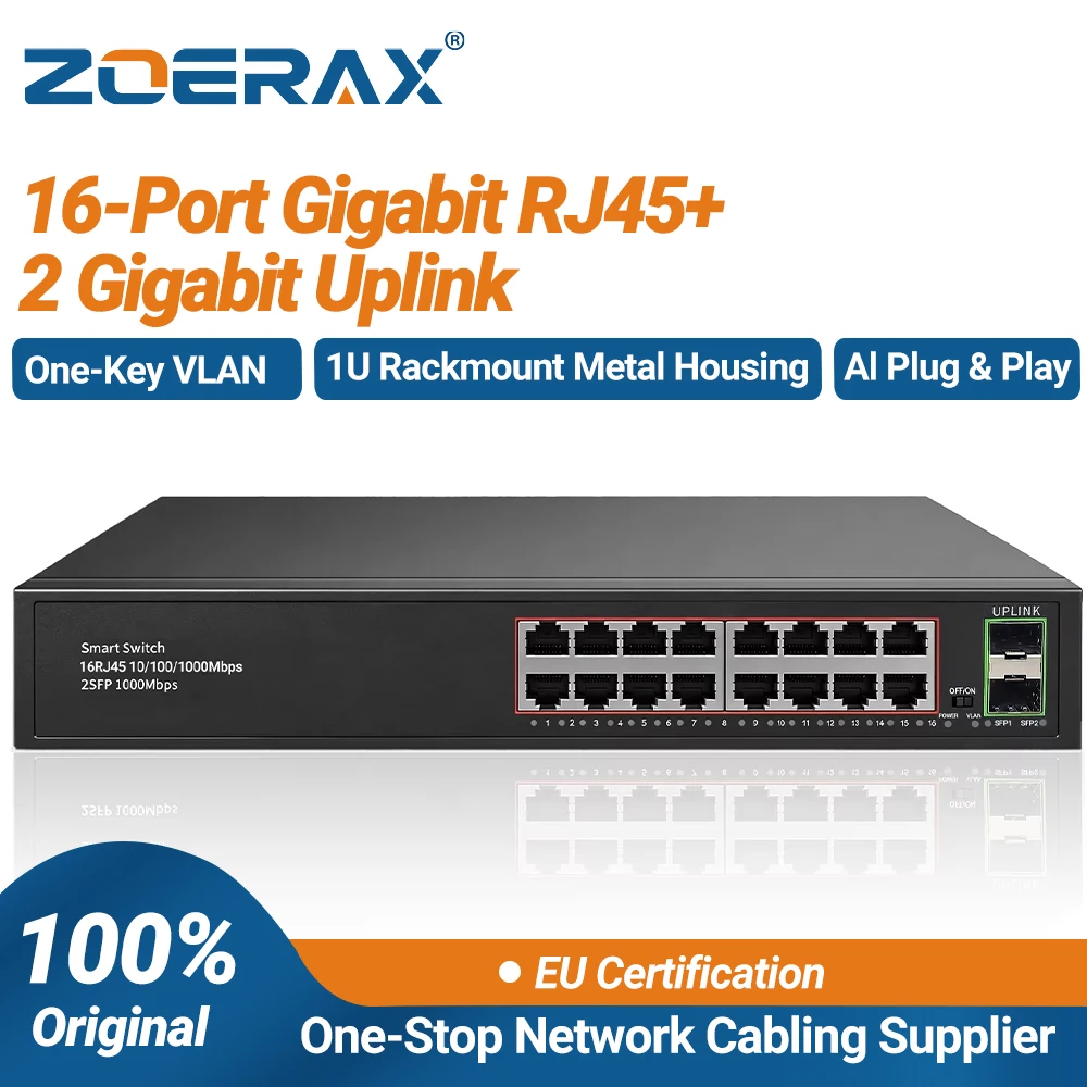 ZoeRax 16‑Port Gigabit RJ45 Network Switch, 2 Gigabit Uplink, One‑Key VLAN, Plug and Play for Home Office CCTV Surveillance