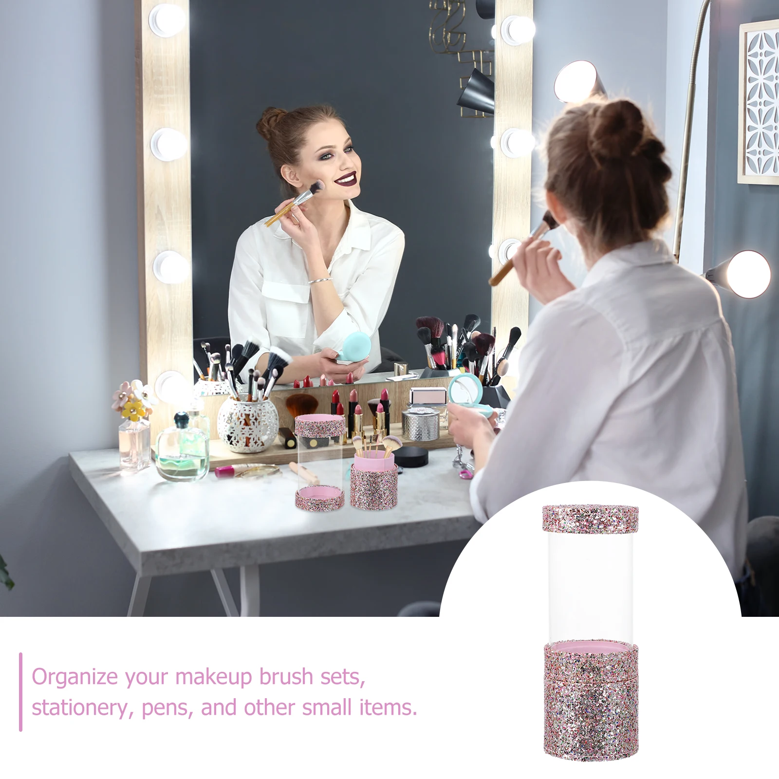 

Makeup Brush Holder 2 in 1 PU Acrylic Pink Desktop Storage Case for Brushes Keeps Dust Free Bright Sequins Tool Box