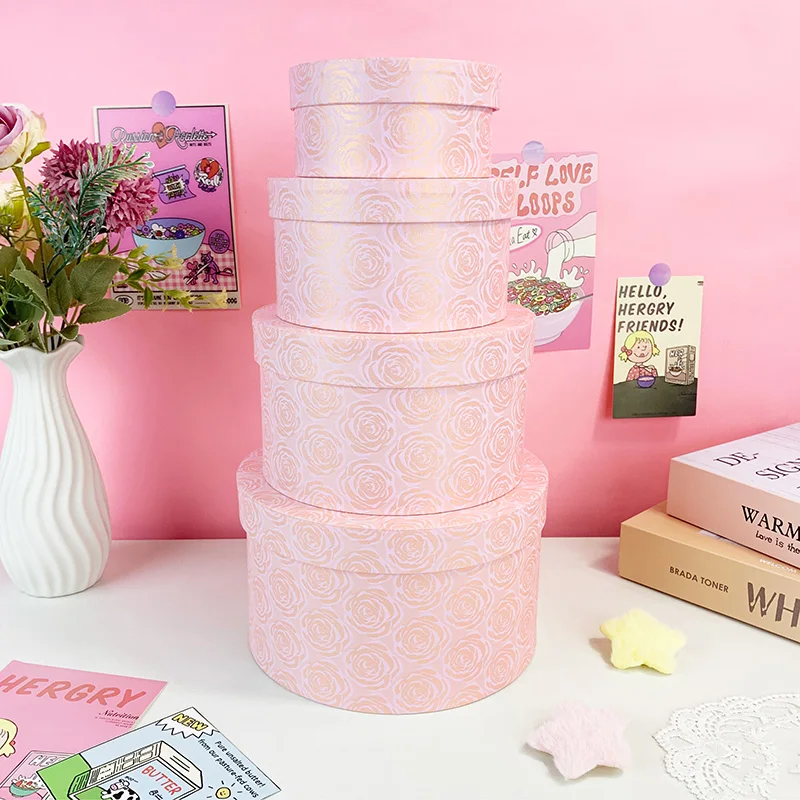 Rundes 4-teiliges Geschenkbox-Set, rosa verschachtelte Geschenkverpackung aus Pappe, geeignet für Hochzeiten, Geburtstagsfeiern, Weihnachten