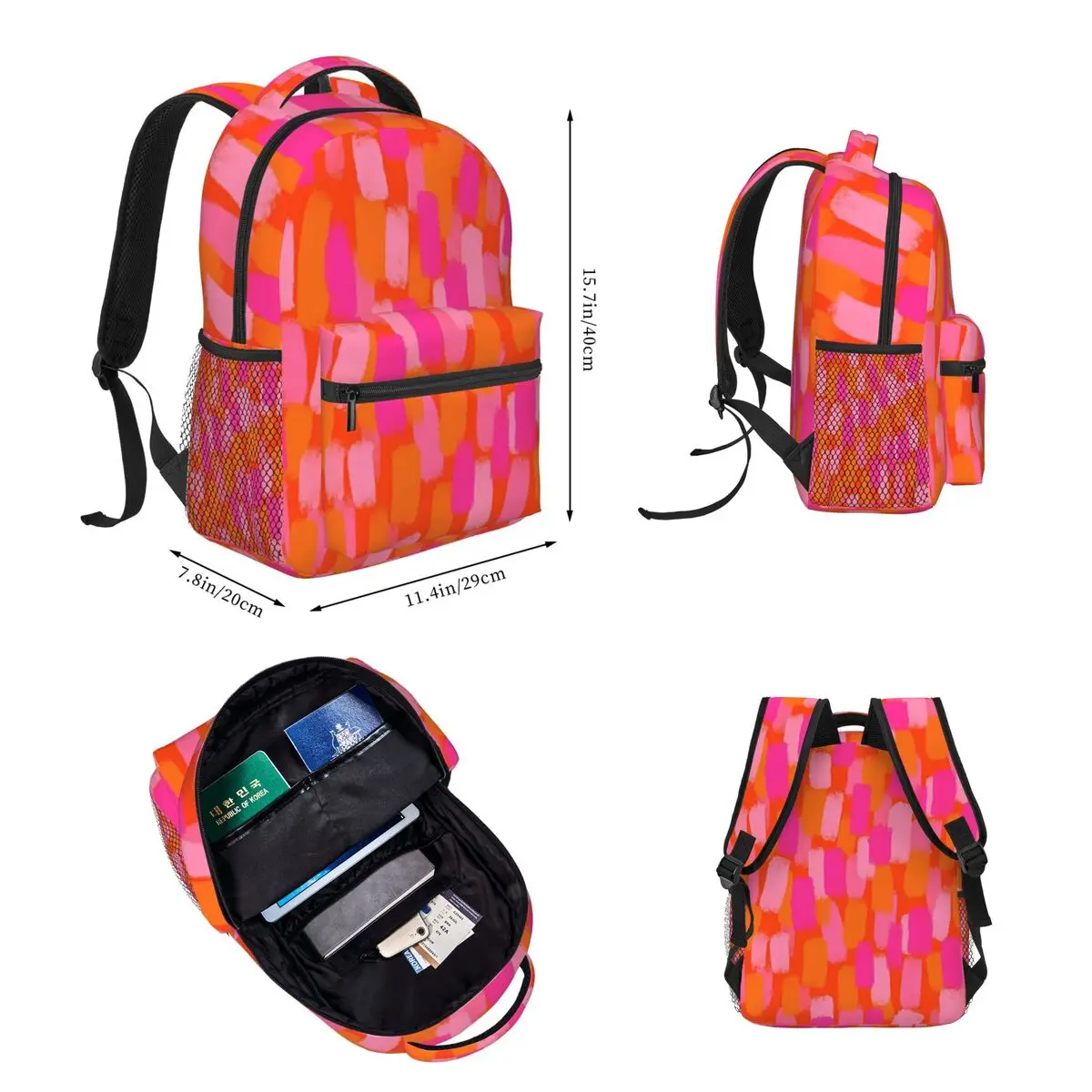 Abstract, Pink And Orange, Paint Brush Effect Backpacks Bookbag Children School Bags Rucksack Lunch Bag Pen Bag Three-Piece Set