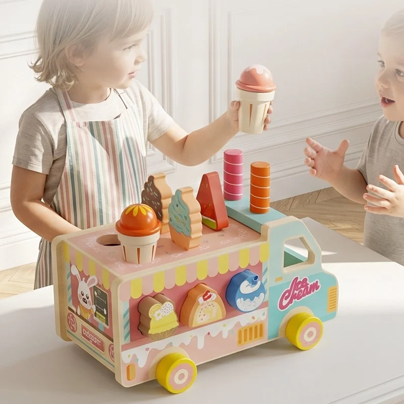 Montessori Wooden Rabbit Dessert Ice Cream Truck Toy Multi-function Shape Sorter Vehicle Pretend Play Food Set Early Educational