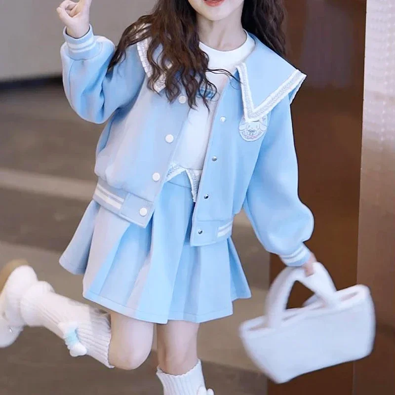 Kawaii Sanrio Cinnamoroll Sweatshirt Set Cute Cartoon Children Baseball Uniform Jacket Pleated Skirt Trousers Autumn Trend Suit