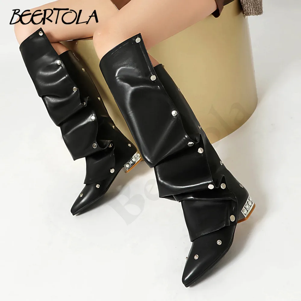 

Women's Diamond Square Heel Knee-High Boots Pointed Toe Metal Rivet Pleated Fashion Boots Personality Casual Large Size Boots