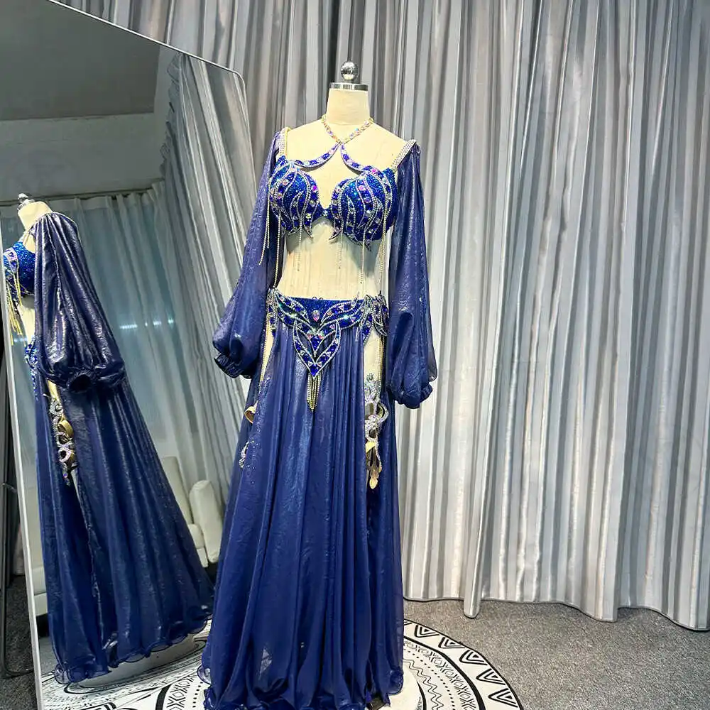 

Индивидуальный комплект костюмов для танца живота, синий костюм для выступлений, бюстгальтер, большая распашная юбка, униформа, одежда для танца живота Aliexpress, Индия