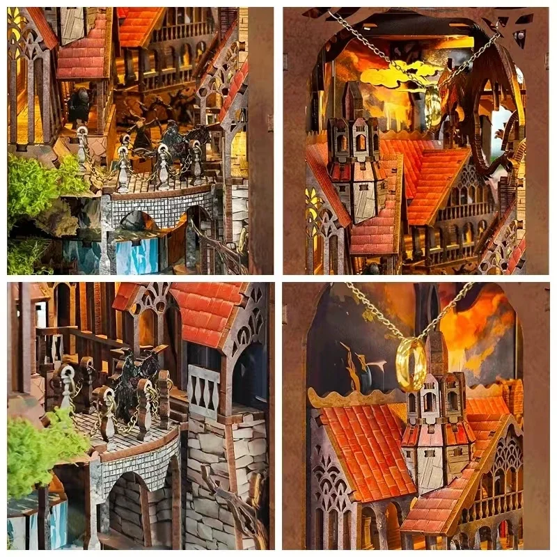 Retro Wooden DIY Book Nook Shelf Insert Miniature Kits The Magic Ring Bookshelf Home Bookend Decoration Adults Handmade Gifts