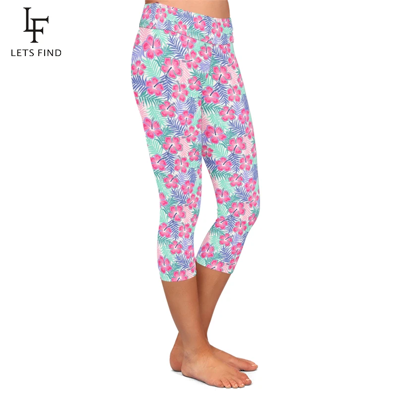 LETSFIND Summer Women Capri Legging High Waist 3D Pastel Hibiscus and Palm Leaf  Print Fitness Stretch Slim Mid-Calf 3/4 Pants