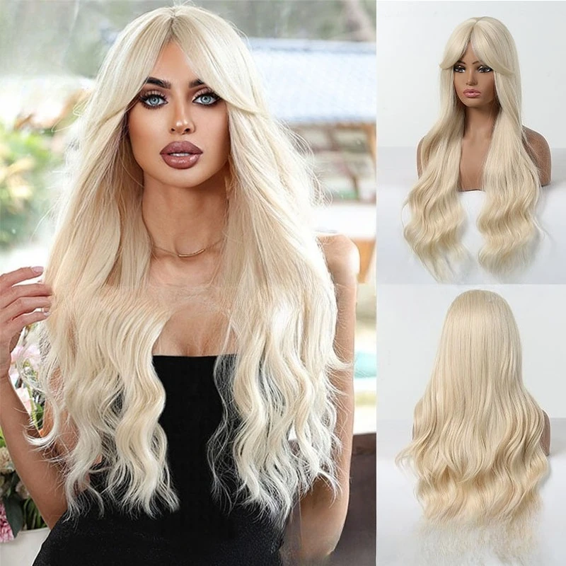

European and American wig women's platinum eight-character bangs long curly hair fluffy wavy curl chemical fiber full head wig