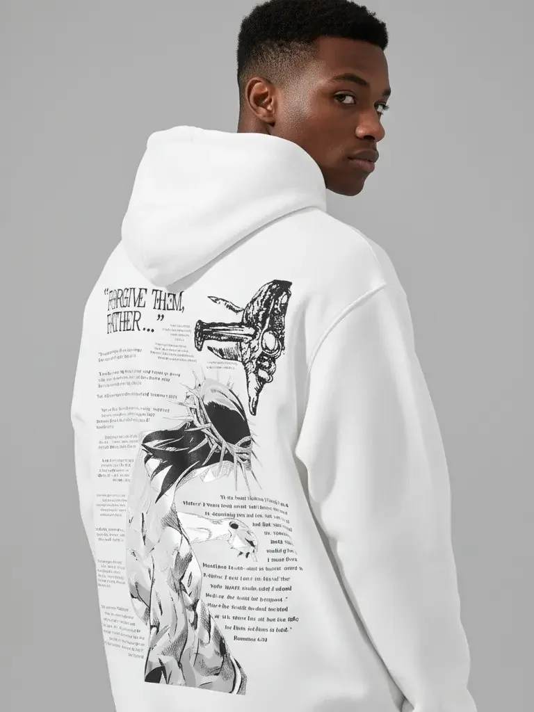 Men's Y2K, Forgive Them Father Bible Verses Graphic Hoodie - Cotton Blend Black Long Sleeve Pullover Regular Fit | Soft & Breathable Fabric, Durable Print, Everyday Comfort, Machine Washable, Street Style Casual Wear