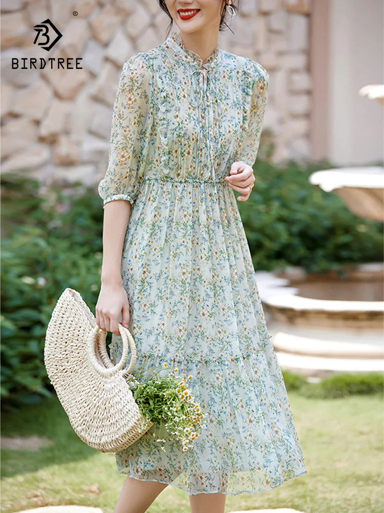 

Birdtree 100%Mulberry Silk Dress European Club French 2023 Summer Double-layer Silk Dress Loose Waist Big Swing Skirt D37602QC