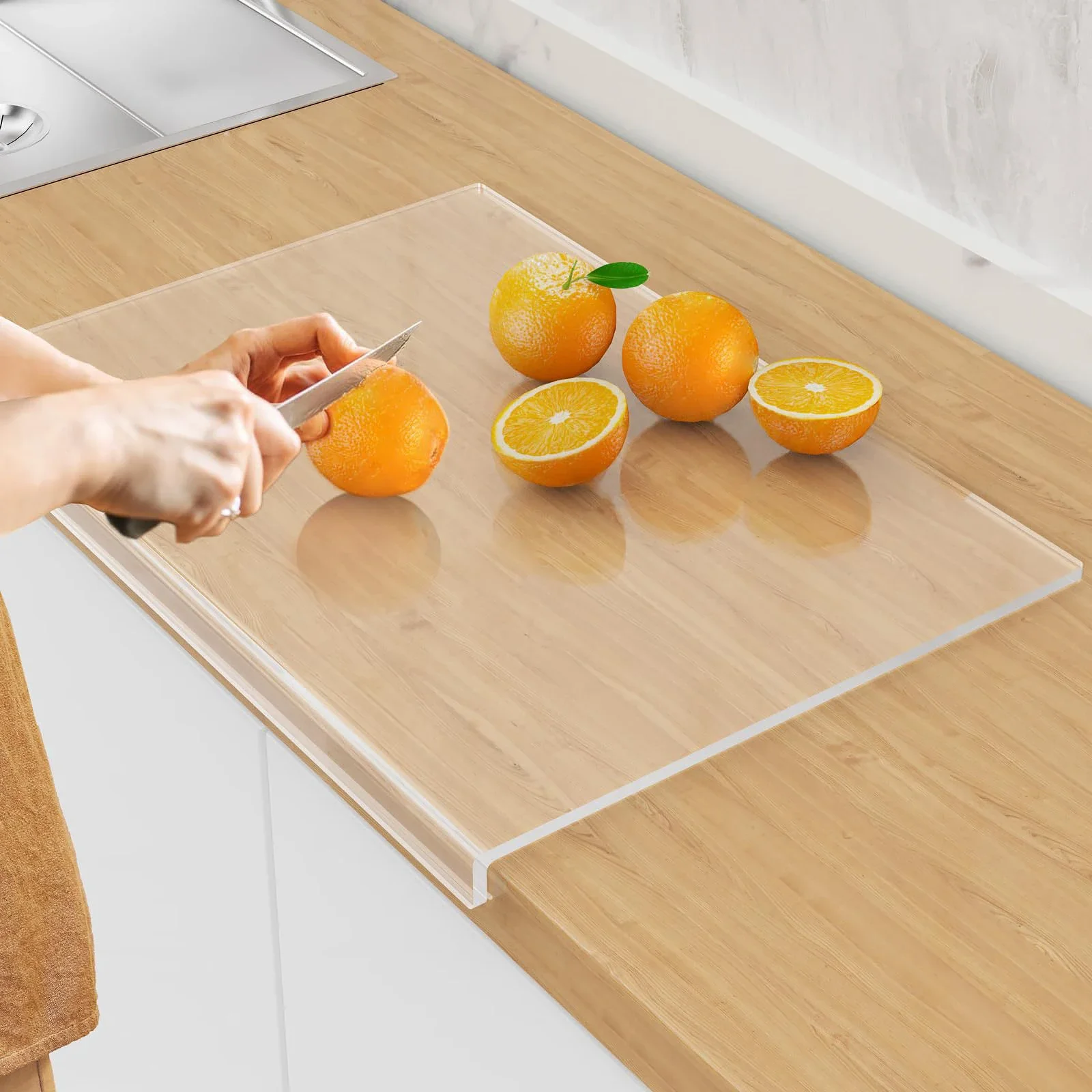 Anti-slip acrylic cutting board, upgraded thickened transparent cutting board with edge along the countertop. Acrylic cutting bo