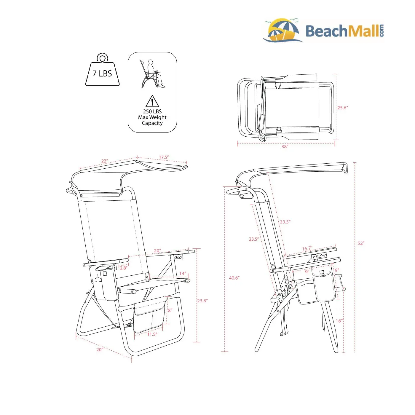 17 Inches High Seat Big Tycoon Aluminum Tall Beach Chair with Canopy for Adults, 4 Reclining Positions, Drink, Customized