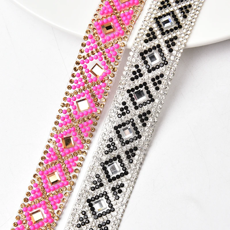 2Meter/Lot Black And Pink Rhinestone Trim Ribbon Hotfix Self-Adhesive Crystal Stone Beads Tape For Shoes Hat Wedding Dress Belt