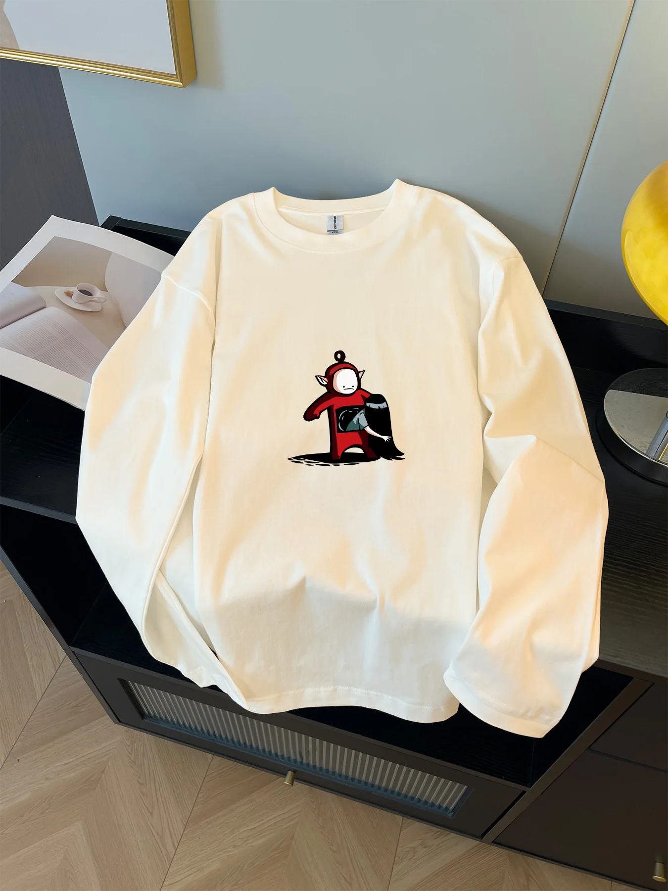Long Sleeve T-Shirt with Novelty & Quirky Print - Casual Round Neck Winter Fall Top, Random Unique Patterns , Machine Washable