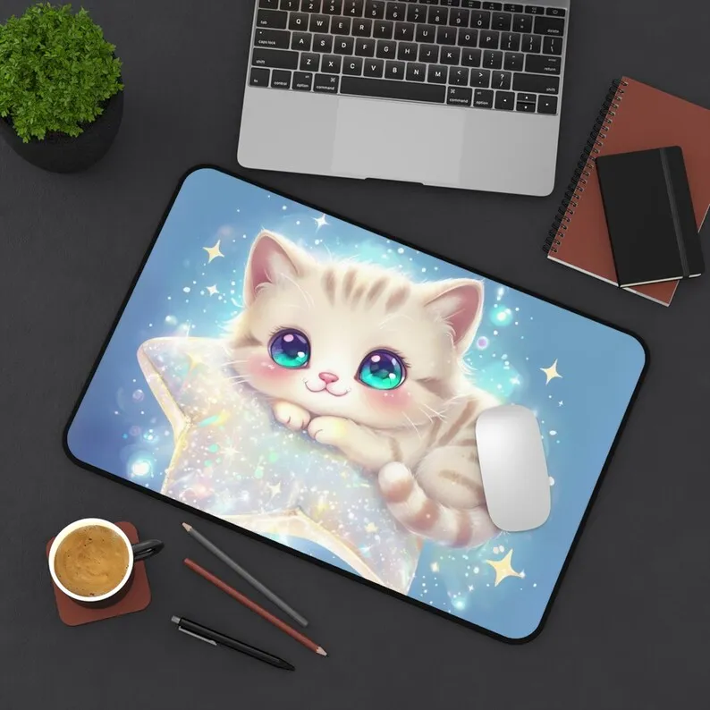 Pastel Cat Mouse Pads on A Sparkling Star, Cute Blue Fun Office Decoration, Perfect Gift for Friends, Beautiful Desk Mats XXL